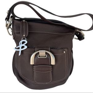 b. makowsky Pebbled Buckle Pockets Brown Leather Cross Body Bag